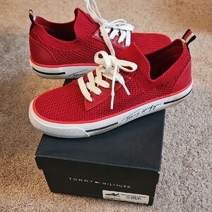 Tommy Hilfiger Red Knit Lace-Up Sneakers with White Sole